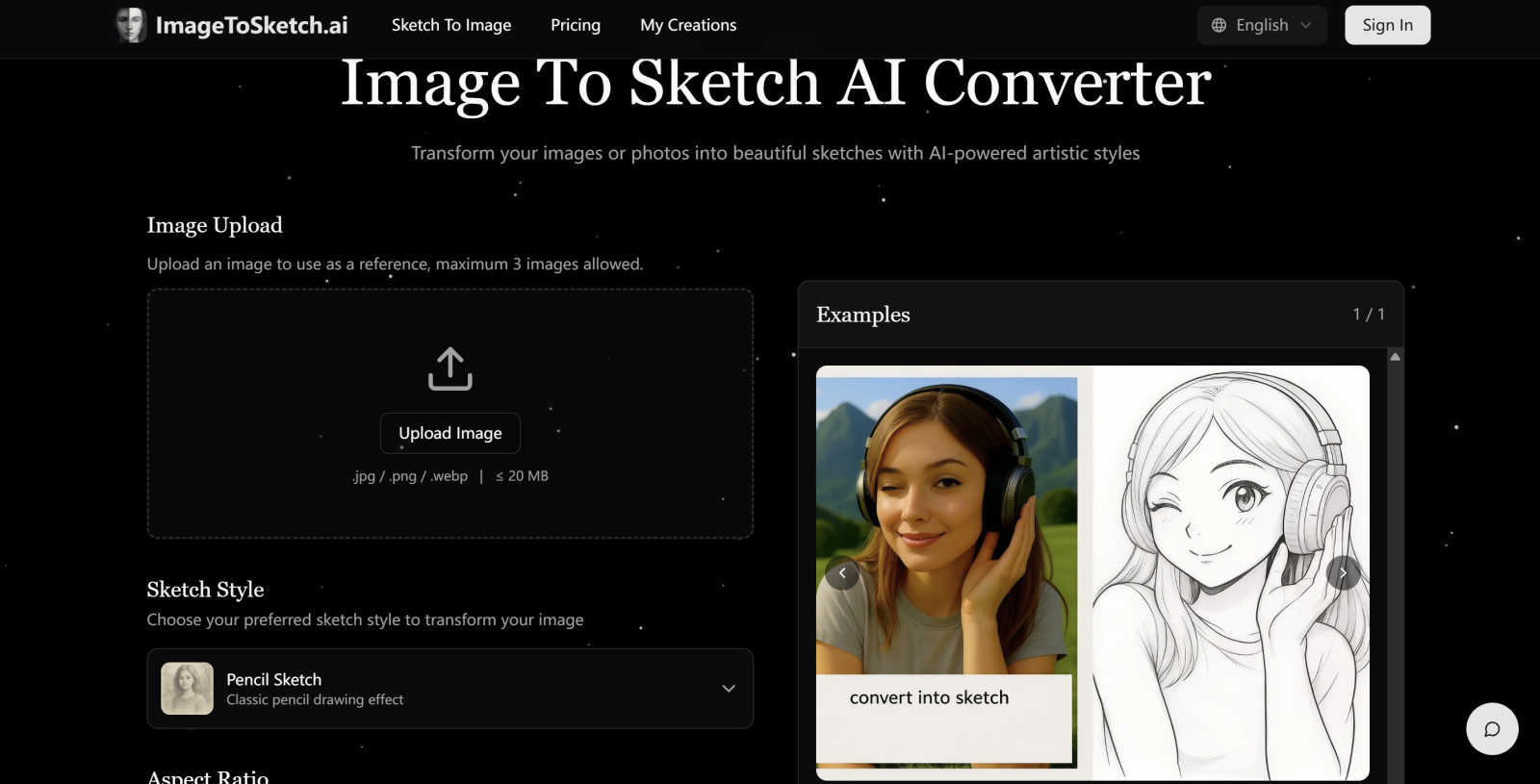 Image To Sketch AI application interface and features