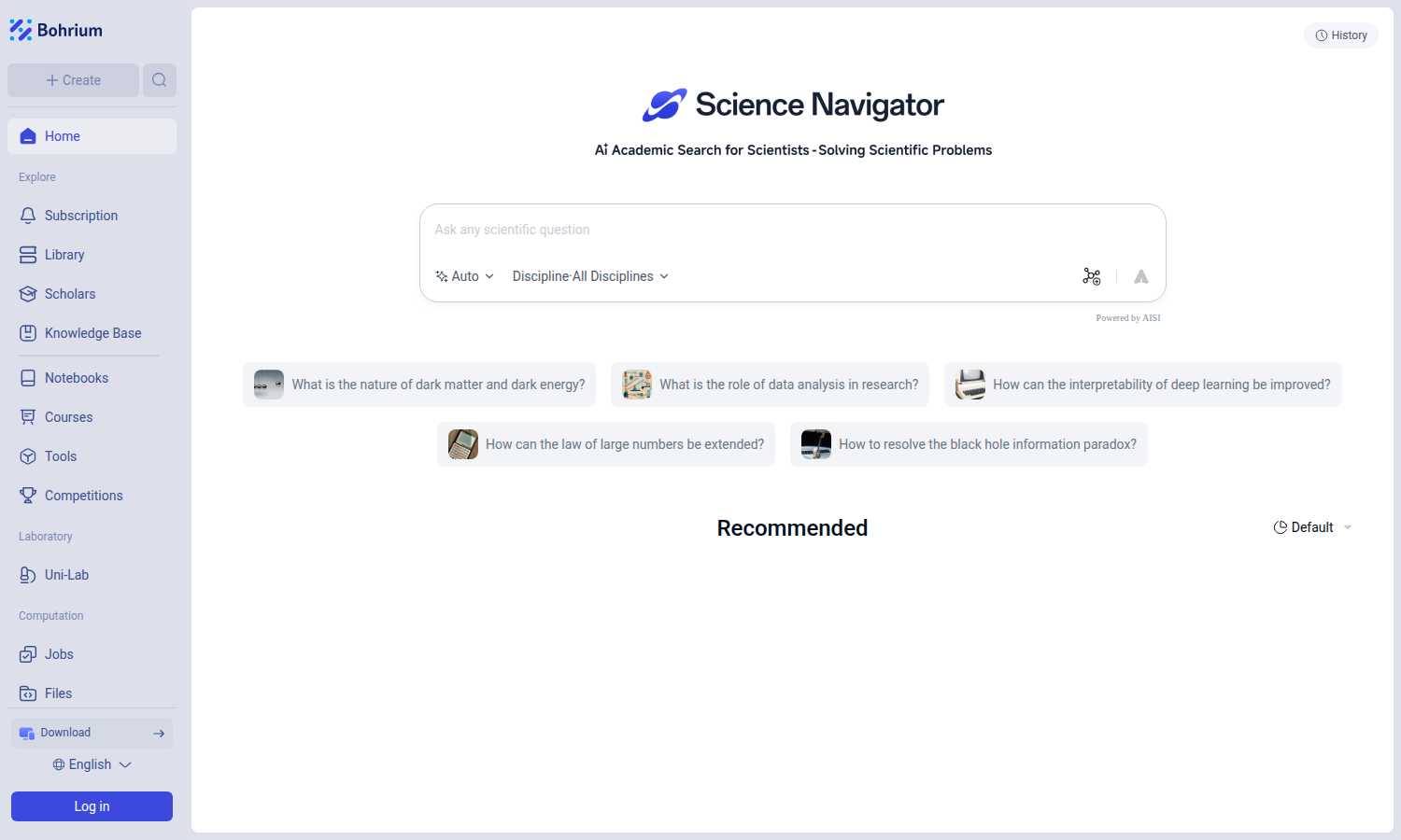 Bohrium application interface and features