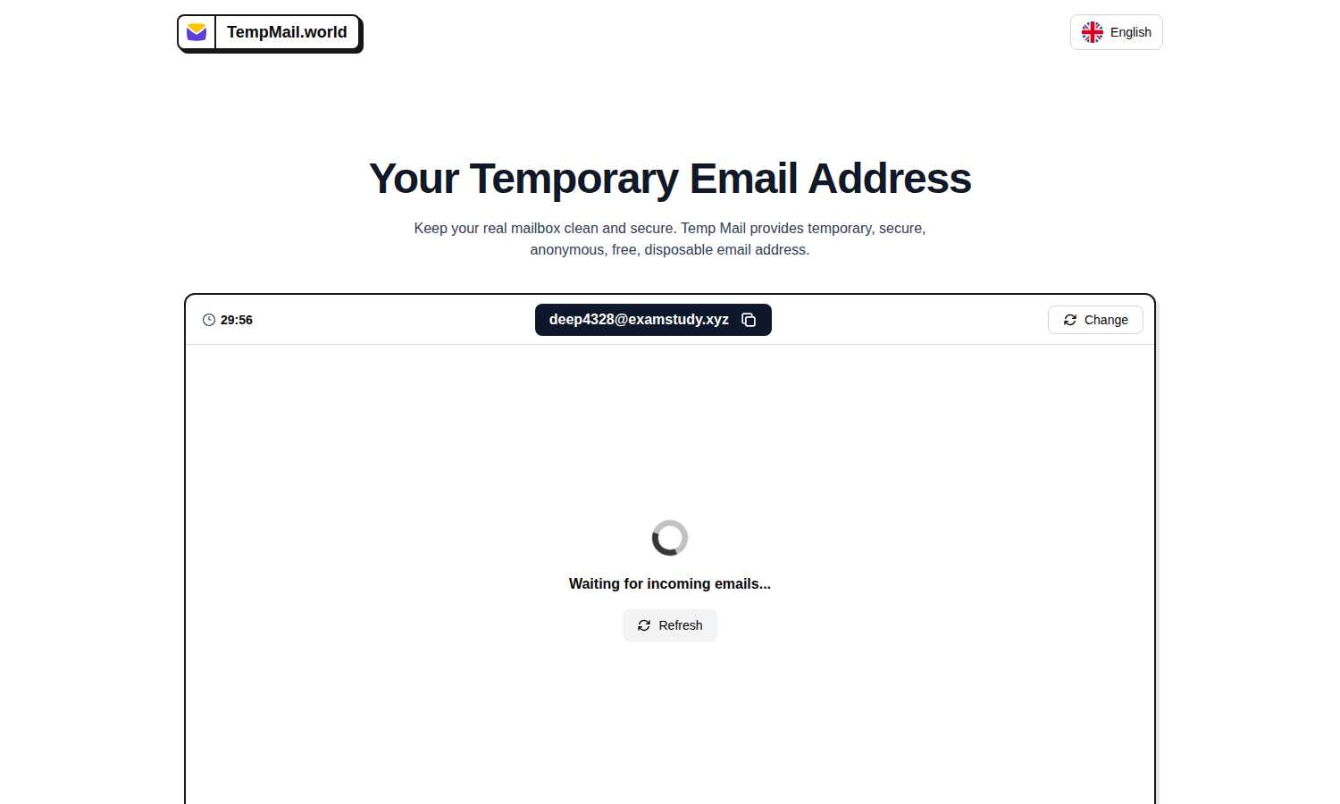 Tempmail.world application interface and features