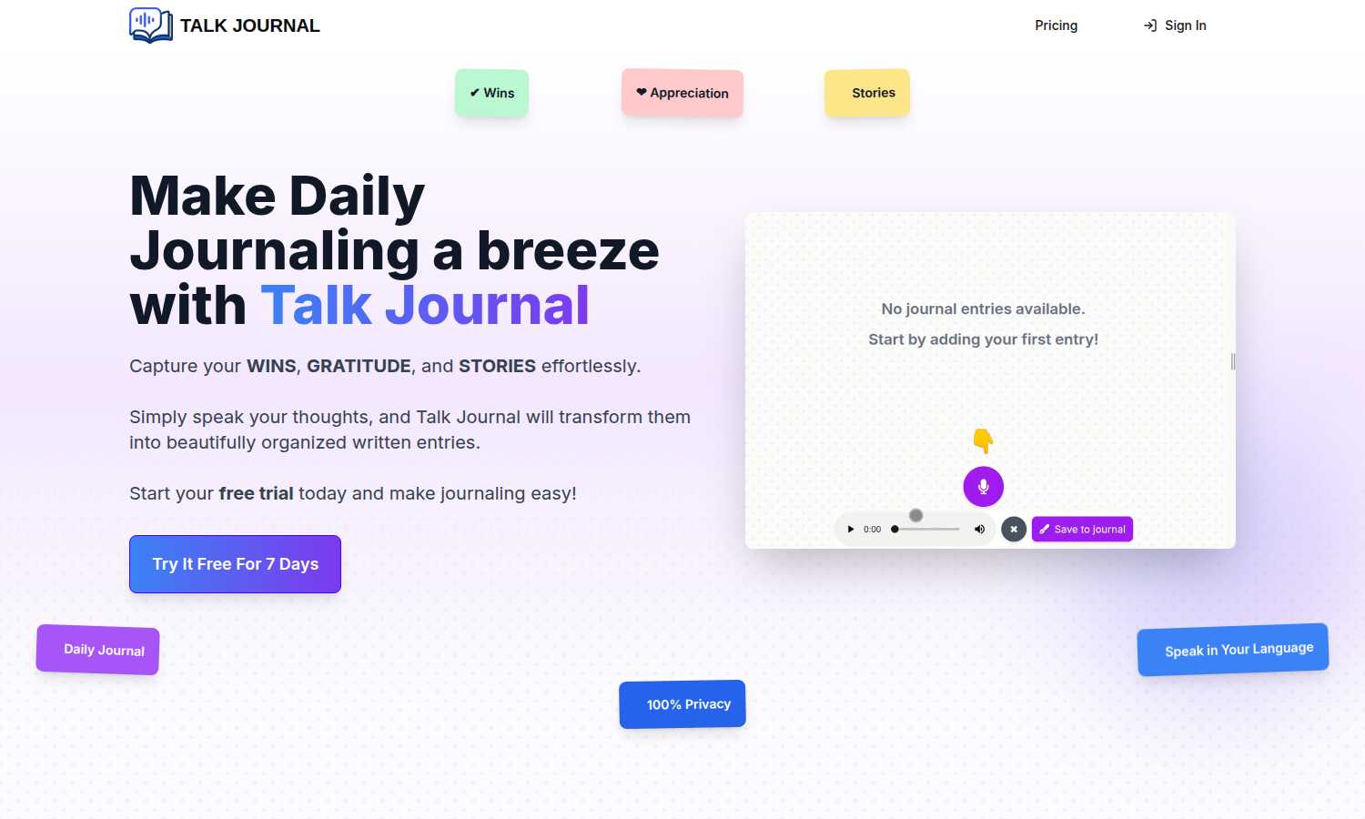 Talk Journal application interface and features