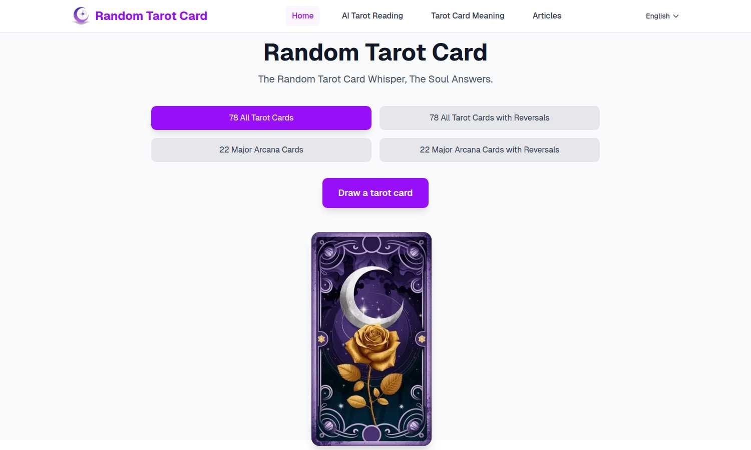 Random Tarot Card Generator application interface and features
