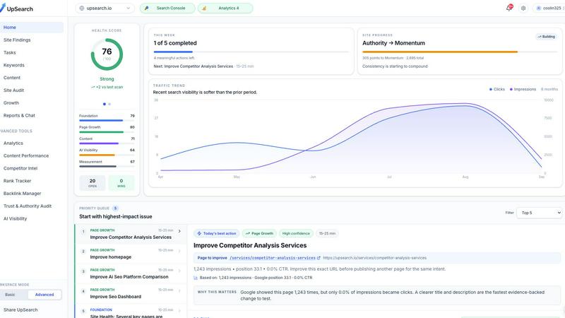 UpSearch application interface and features
